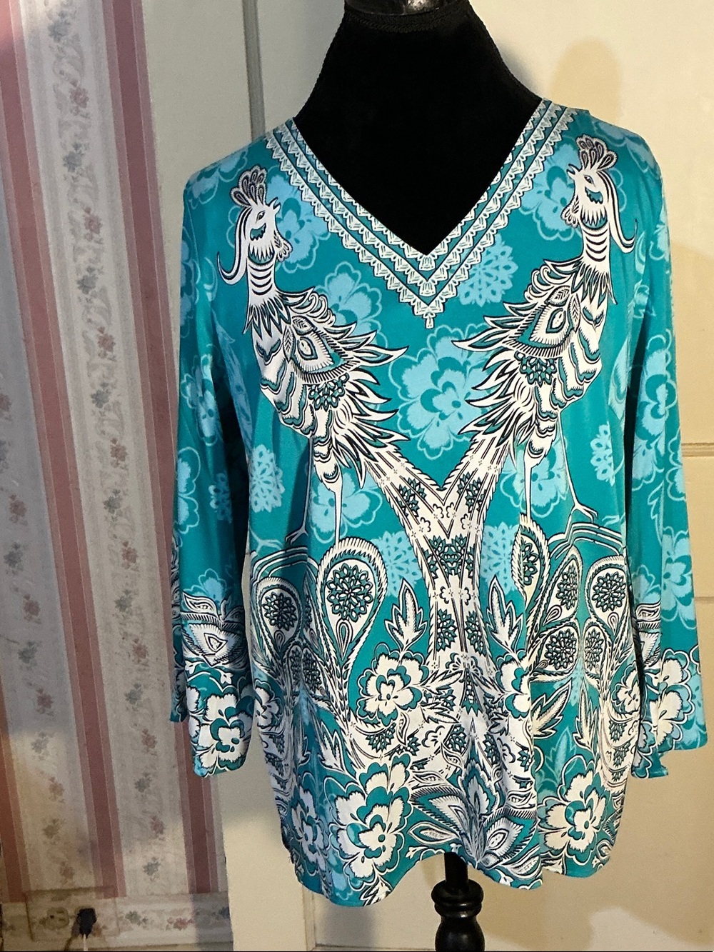 Bob Mackie Teal and White V-Neck Paisley Tunic